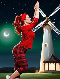 A 42 year old woman with red hair and white streaks stands near a windmill under the bright moonlight