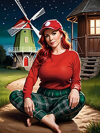 A 42 year old woman with red hair and white streaks stands near a windmill under the bright moonlight
