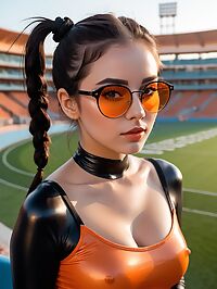 A 24 year old woman with pigtails and grey eyes performs in a stadium at dawn