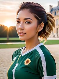 A 28 year old athletic woman sunbathes naked on lawn at sunrise in Versailles
