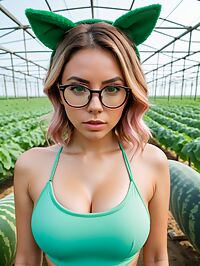 A stunning 29 year old woman with blonde streaks gazes wide eyed at the melons